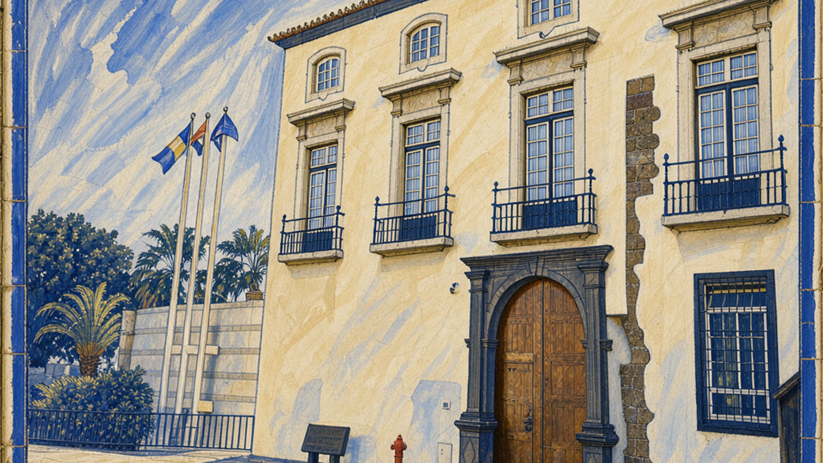 Hand-painted cream and cobalt picture of the Assembleia Legislativa da Madeira, the regional parliament in the old Alfândega in Funchal, with no people