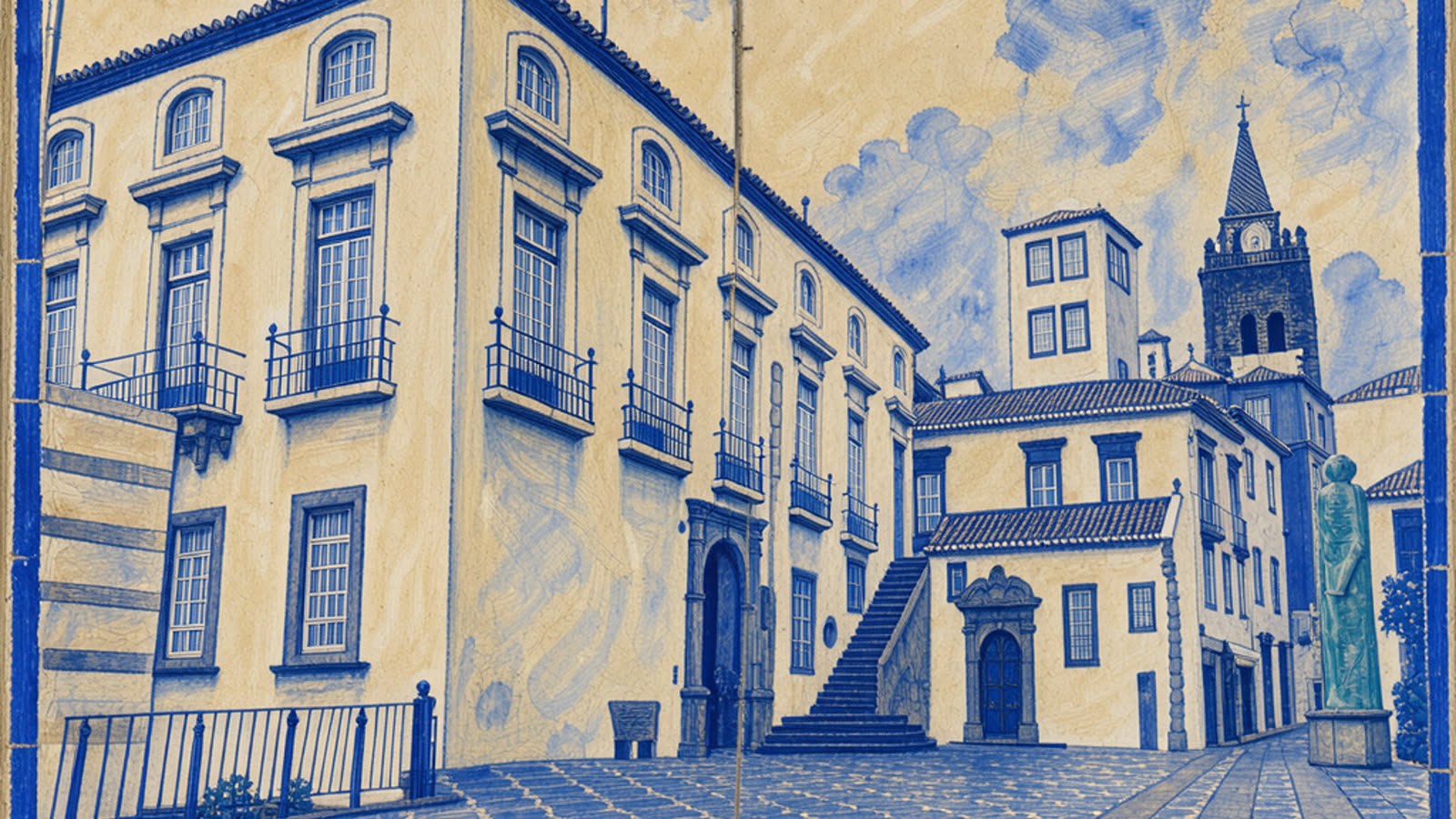 Hand-painted cream and cobalt picture of the Assembleia Legislativa da Madeira, the regional parliament in the old Alfândega in Funchal, with no people