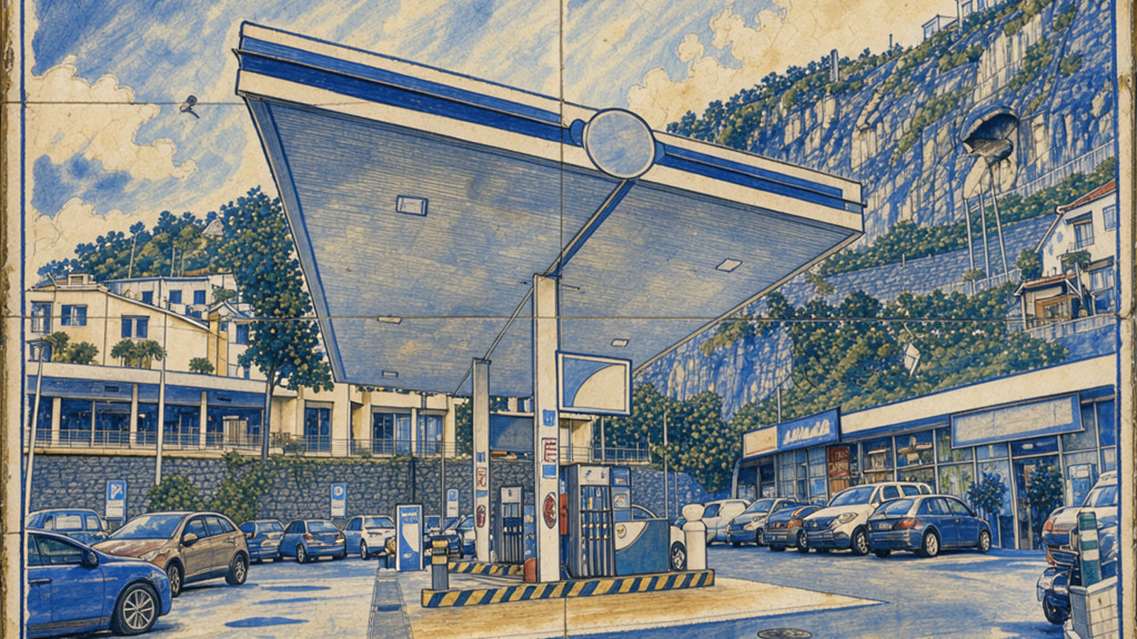 Hand-painted cream and cobalt picture of a petrol station in Calheta, Madeira, with its canopy and pumps below the cliffs and houses, with no people