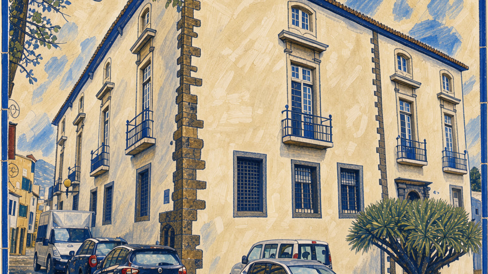 Hand-painted cream and cobalt picture of the Assembleia Legislativa da Madeira, the regional parliament in the old Alfândega in Funchal, with no people