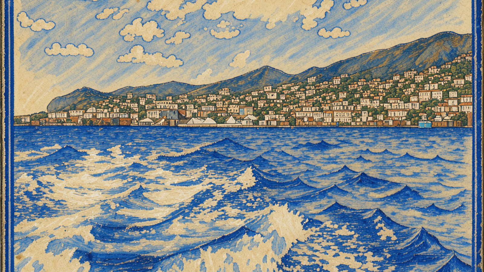Hand-painted cream and cobalt picture of Funchal bay and the harbour, with no people