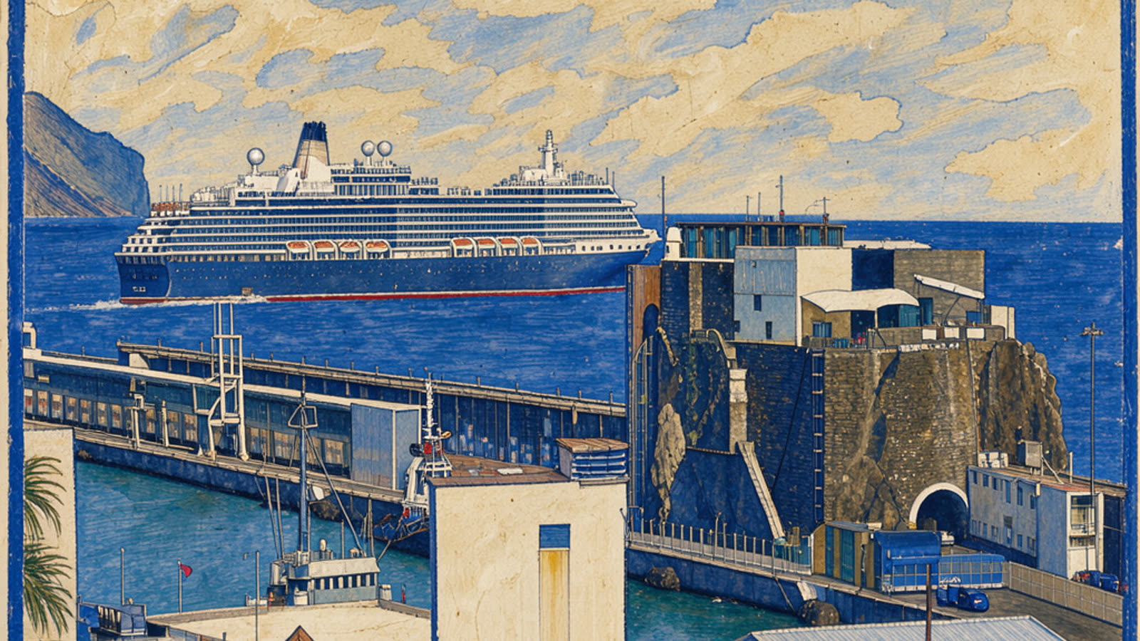 Hand-painted cream and cobalt picture of the Port of Funchal cruise terminal at the Pontinha pier, with the cruise ship and the city, with no people