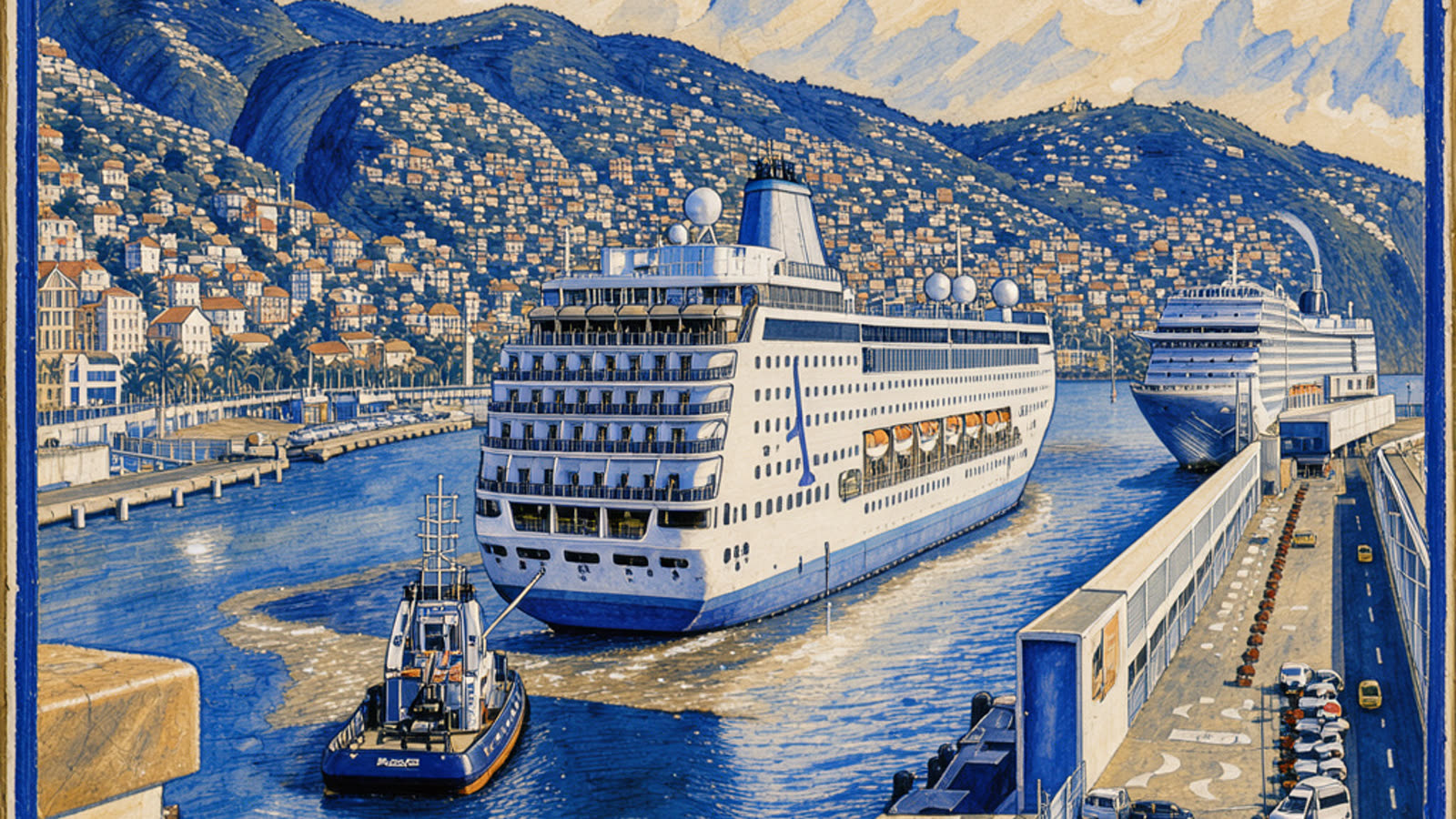 Hand-painted cream and cobalt picture of the Port of Funchal cruise terminal at the Pontinha pier, with the cruise ship and the city, with no people