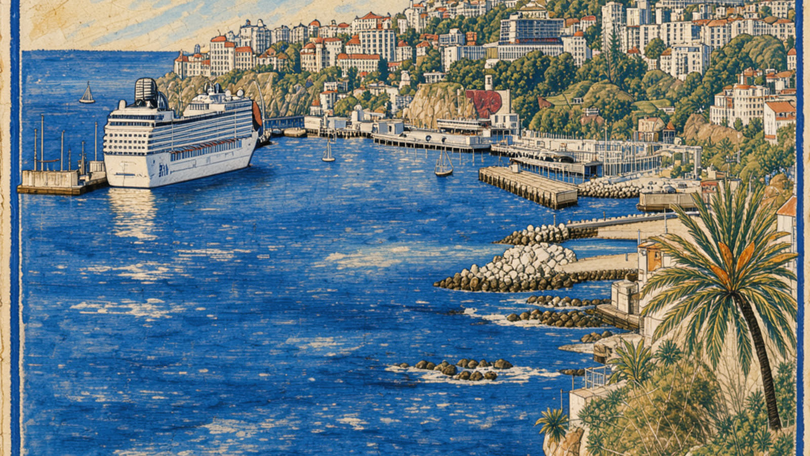 Hand-painted cream and cobalt picture of the Port of Funchal cruise terminal at the Pontinha pier, with the cruise ship and the city, with no people