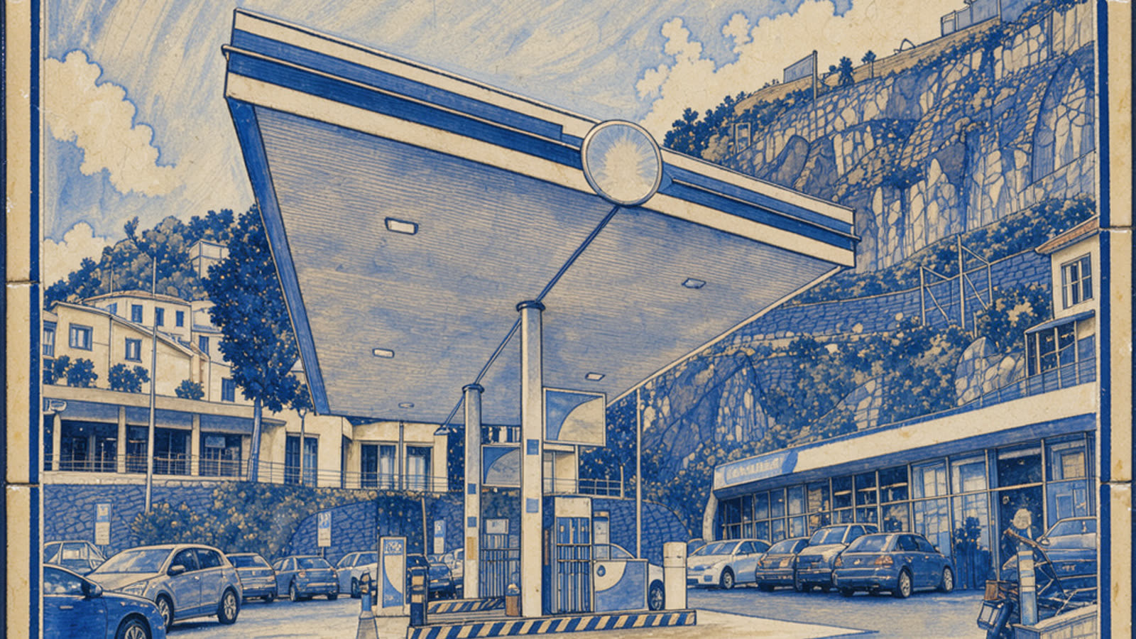 Hand-painted cream and cobalt picture of a petrol station in Calheta, Madeira, with its canopy and pumps below the cliffs and houses, with no people