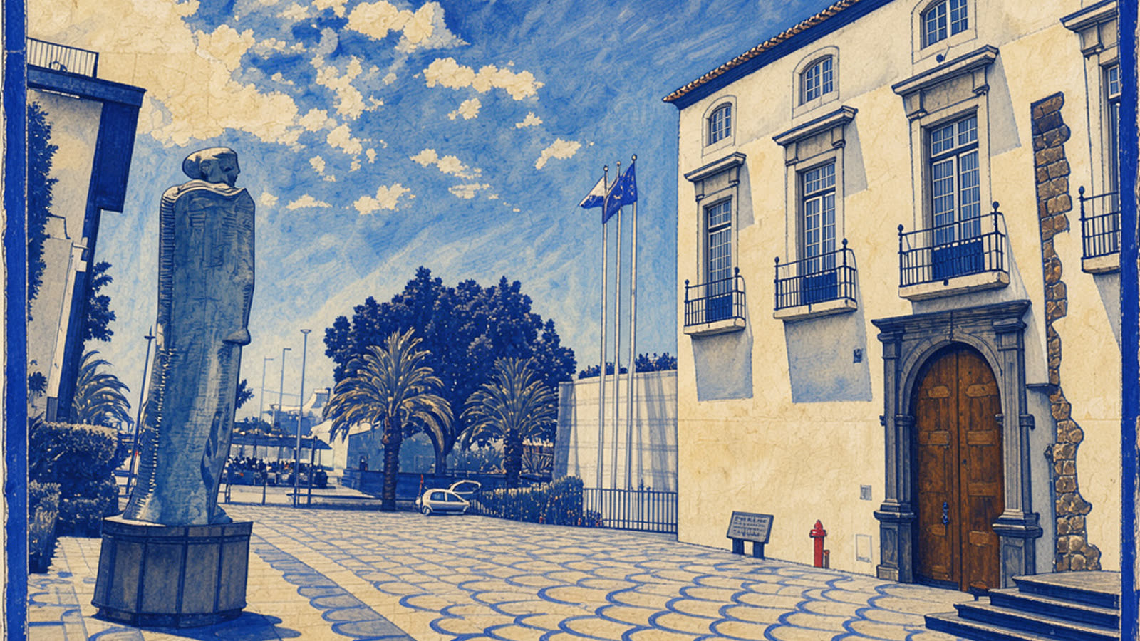 Hand-painted cream and cobalt picture of the Assembleia Legislativa da Madeira, the regional parliament in the old Alfândega in Funchal, with no people