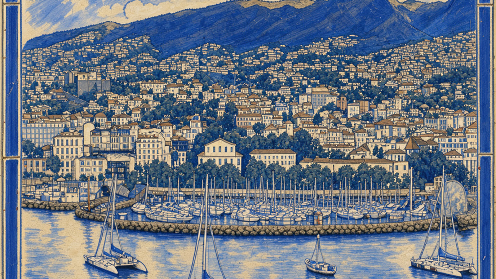 Hand-painted cream and cobalt picture of Funchal bay and the harbour, with no people