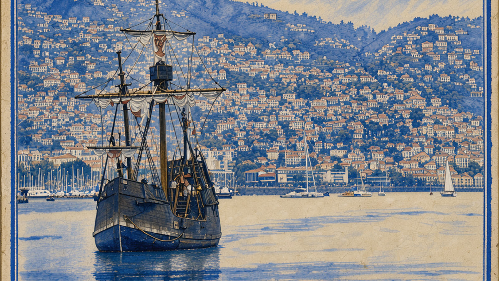 Hand-painted cream and cobalt picture of Funchal bay and the harbour, with no people