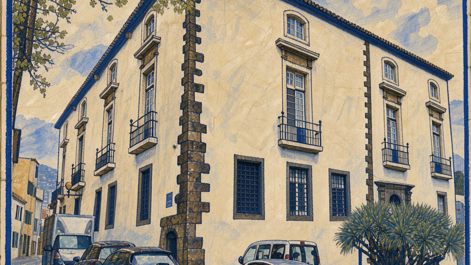 Hand-painted cream and cobalt picture of the Assembleia Legislativa da Madeira, the regional parliament in the old Alfândega in Funchal, with no people