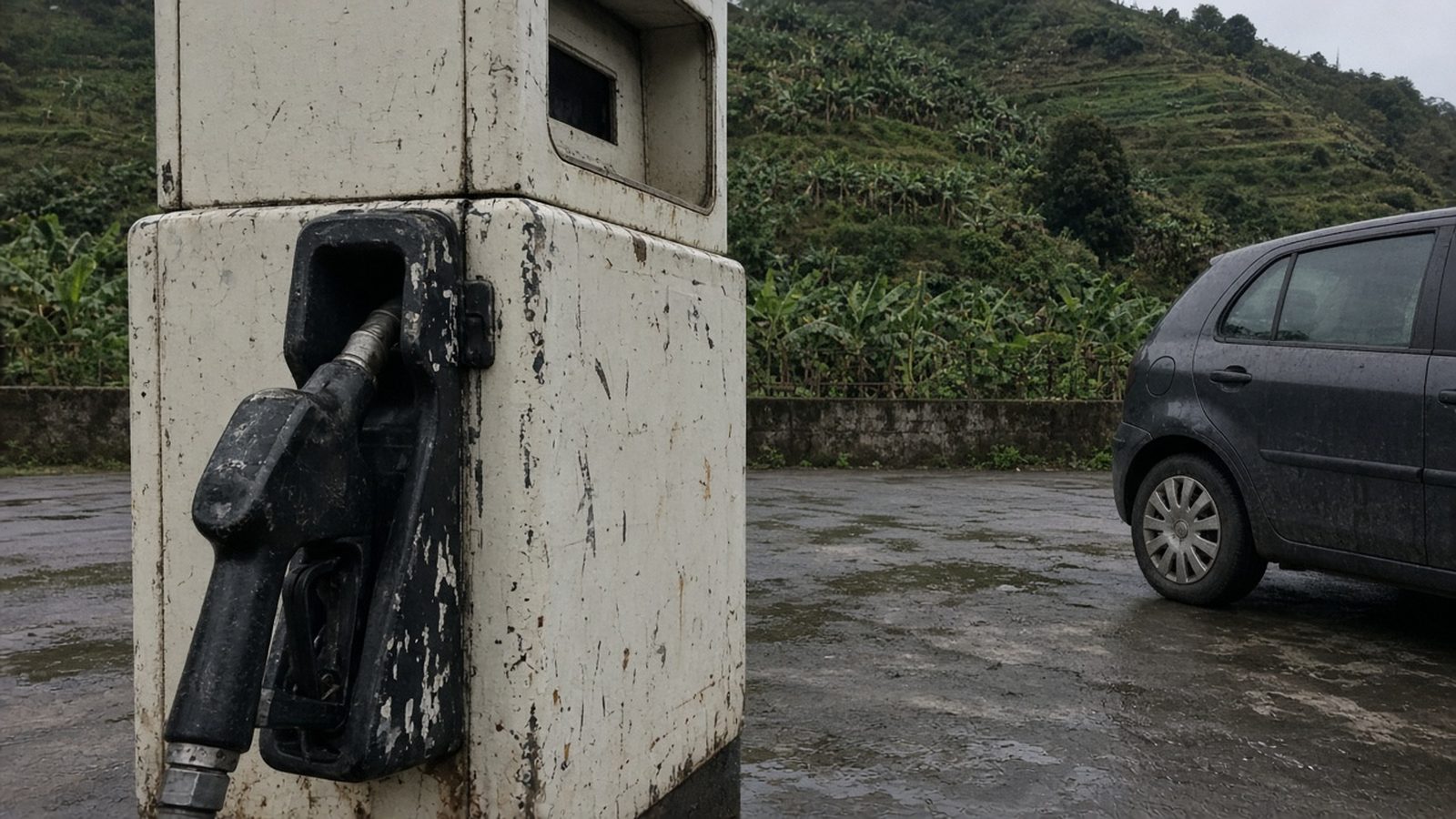 Petrol pump nozzle at a small roadside station on Madeira, terraced hillside behind