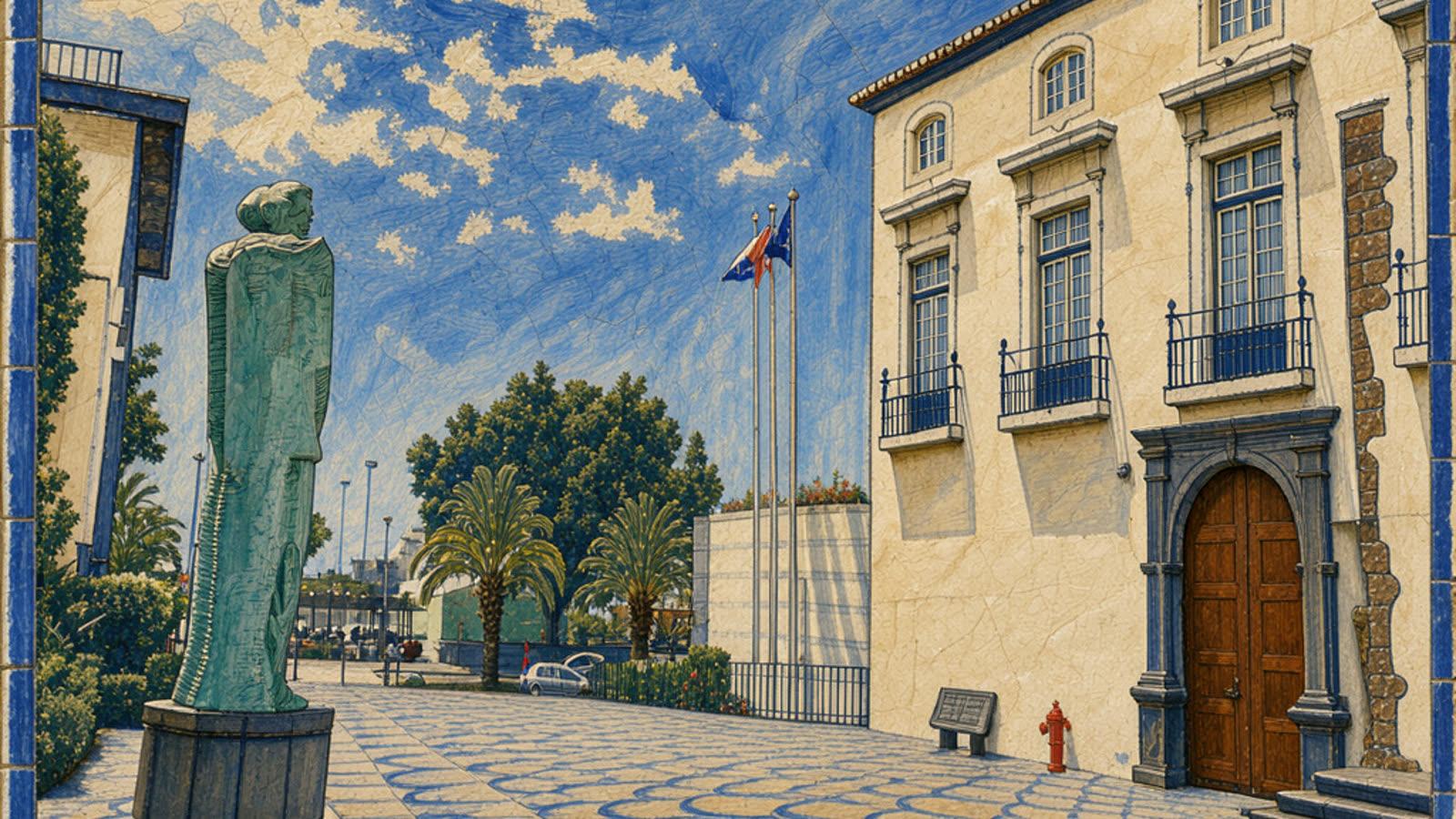 Hand-painted cream and cobalt picture of the Assembleia Legislativa da Madeira, the regional parliament in the old Alfândega in Funchal, with no people