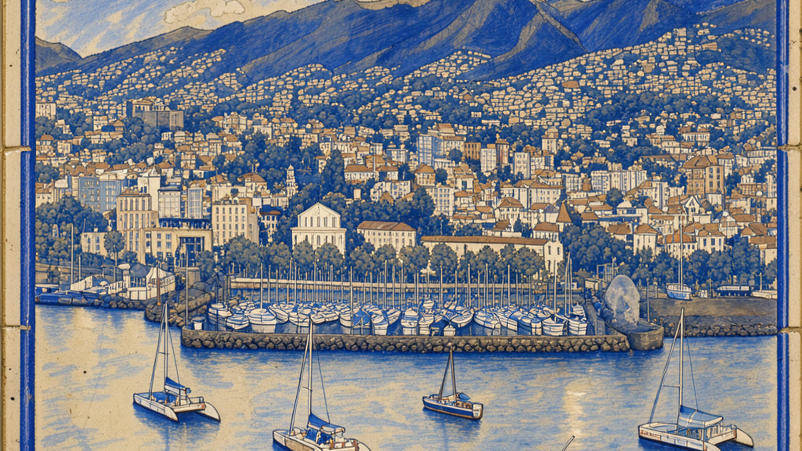 Hand-painted cream and cobalt picture of Funchal bay and the harbour, with no people