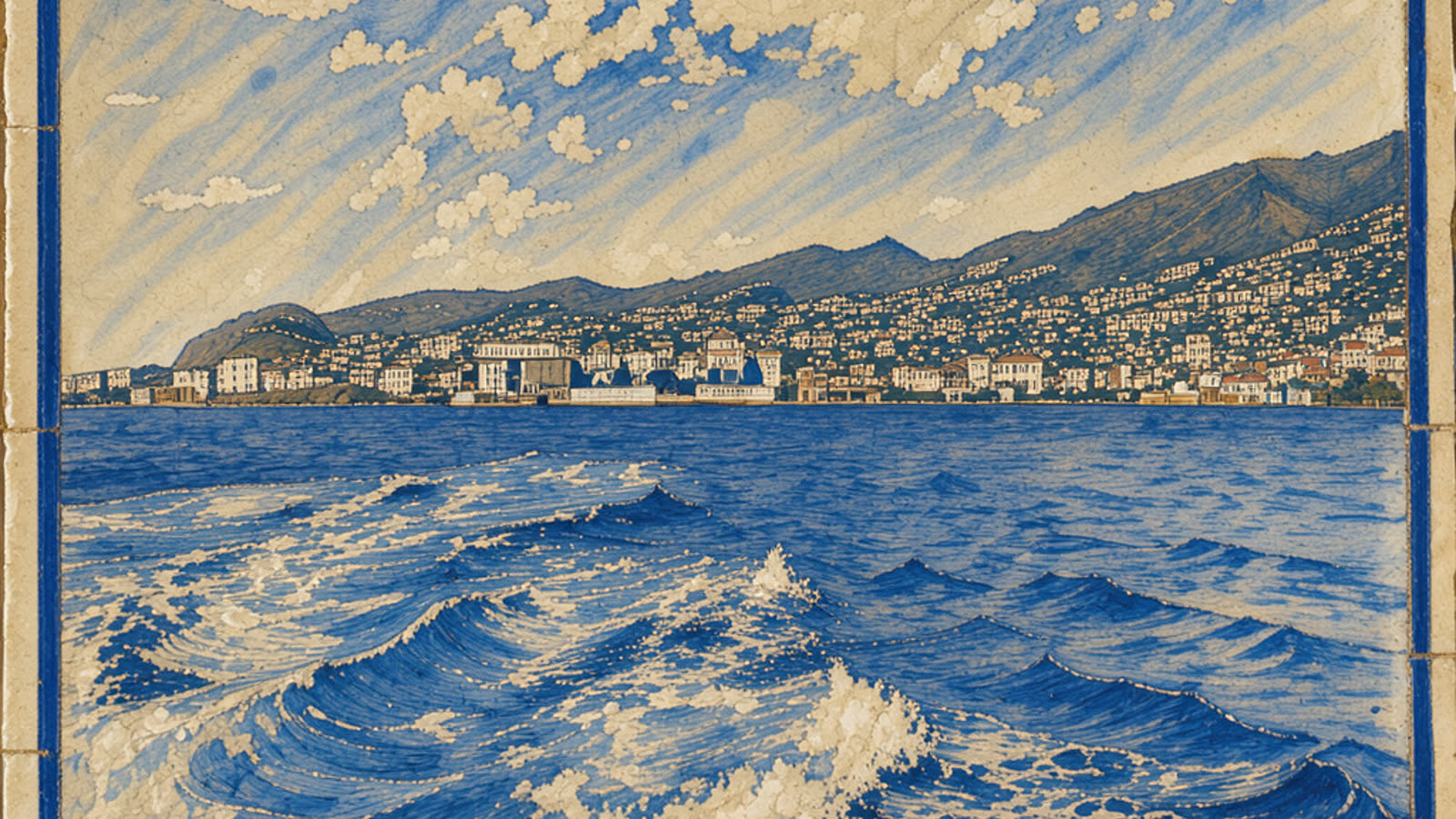 Hand-painted cream and cobalt picture of Funchal bay and the harbour, with no people