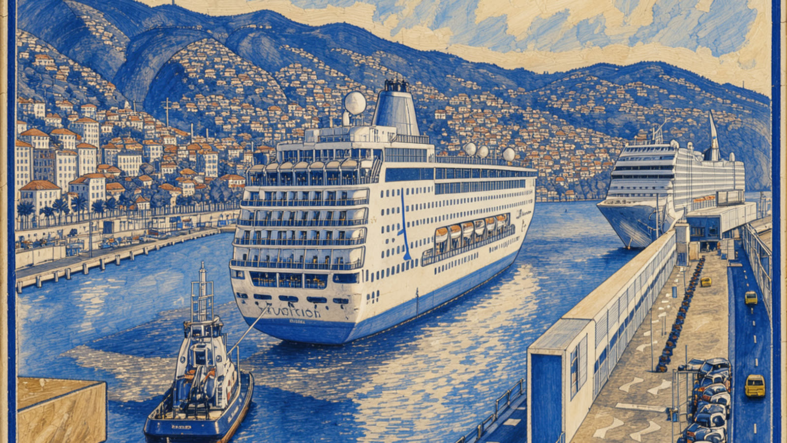 Hand-painted cream and cobalt picture of the Port of Funchal cruise terminal at the Pontinha pier, with the cruise ship and the city, with no people