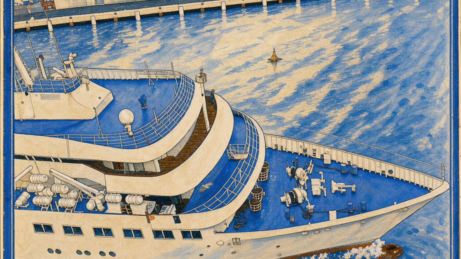 Hand-painted cream and cobalt picture of the Porto Santo Line ferry Lobo Marinho leaving Funchal harbour, with no people