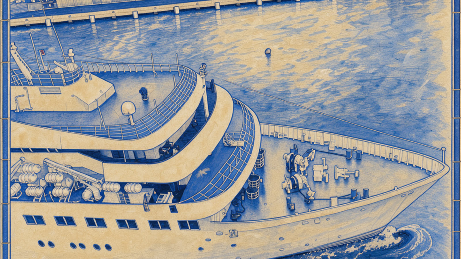 Hand-painted cream and cobalt picture of the Porto Santo Line ferry Lobo Marinho leaving Funchal harbour, with no people