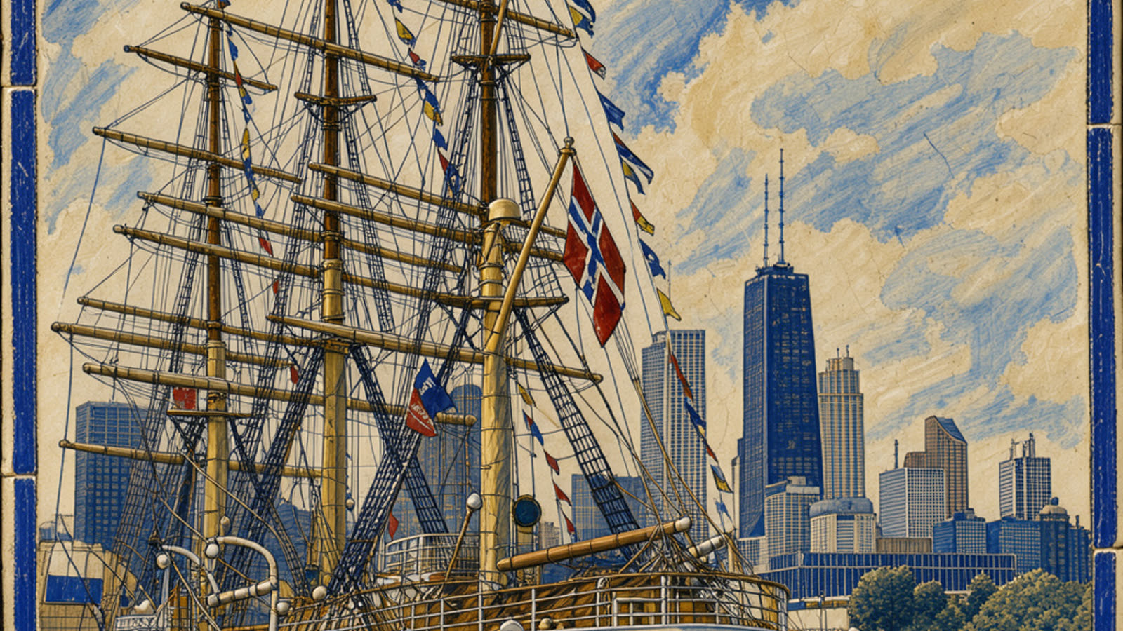 Hand-painted cream and cobalt picture of the tall ship Sørlandet, with no people