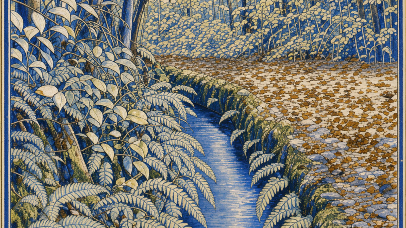 Hand-painted cream and cobalt picture of Levada do Caldeirão Verde, the water channel and the forest path, with no people