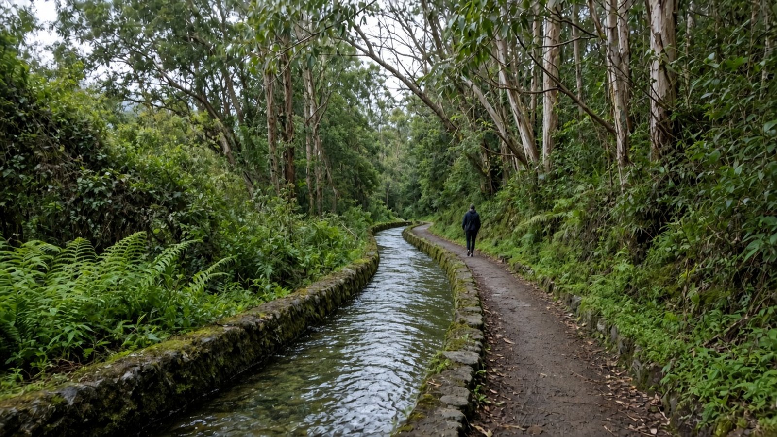 A flat levada channel runs beside an earth path through ferns and eucalyptus, with a lone walker far ahead