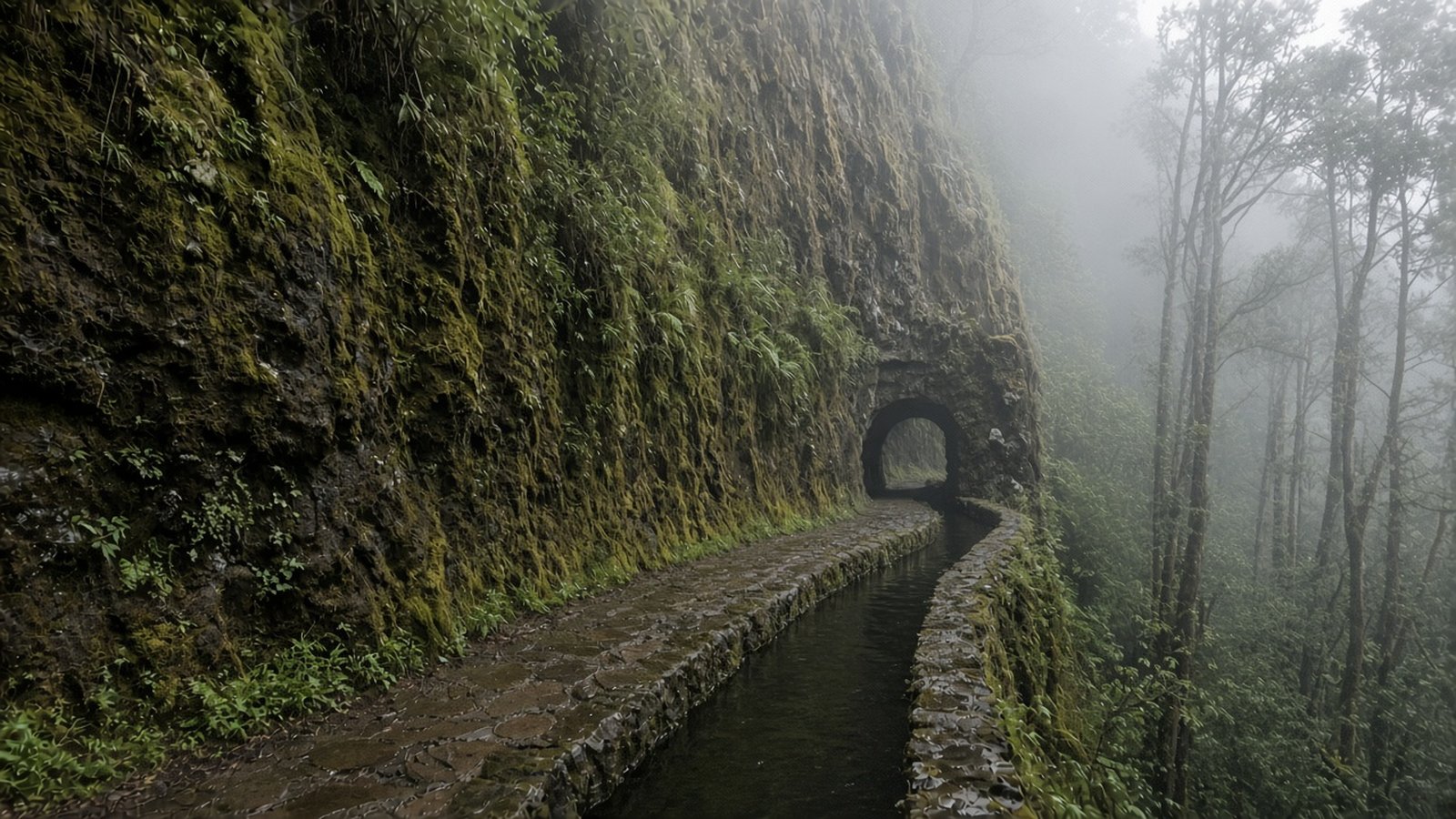 A narrow levada path hugs a mossy cliff in misty laurel forest and leads into a small rock tunnel
