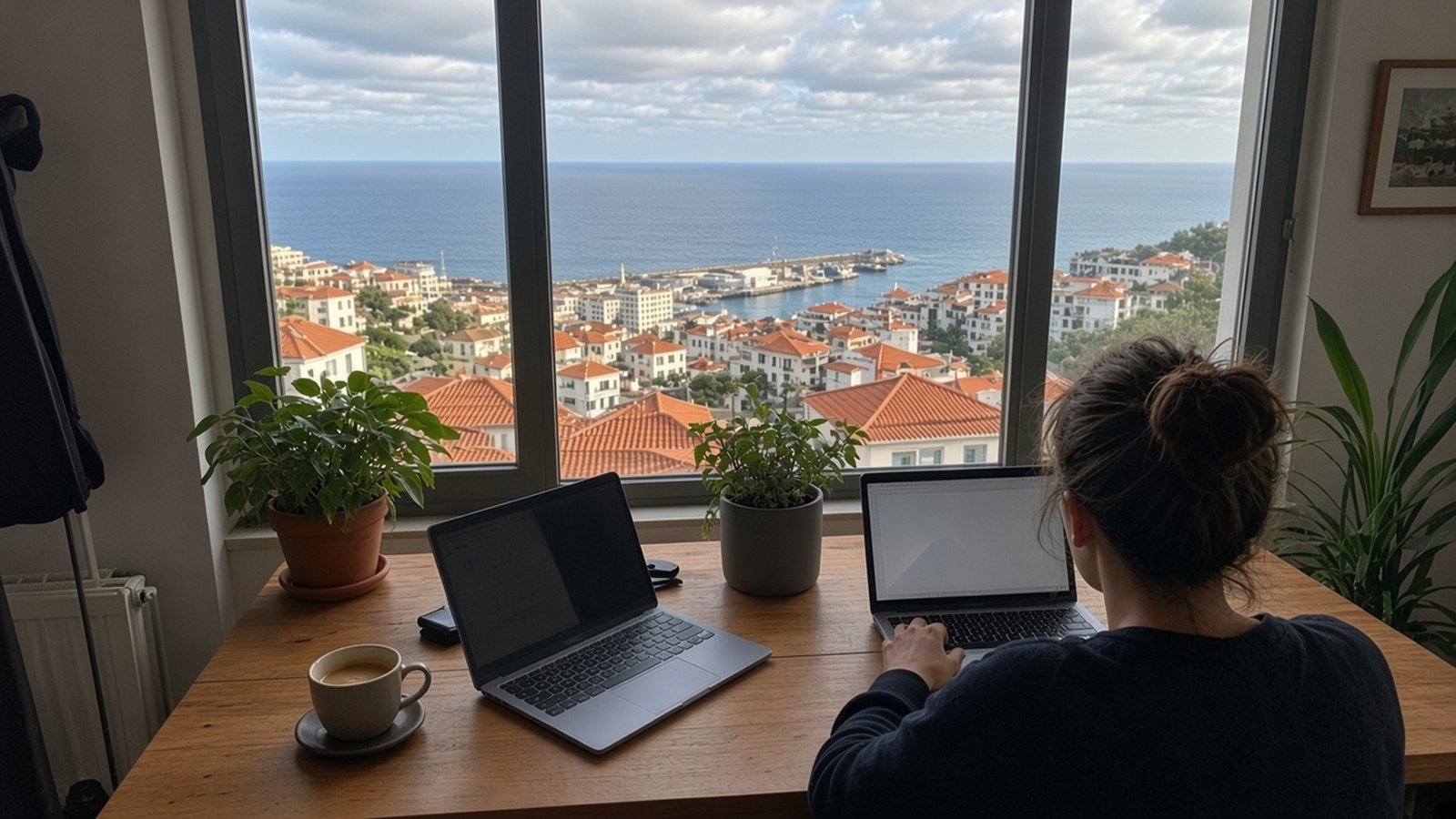 Laptops on a shared wooden desk by a window overlooking Funchal's red rooftops and the Atlantic