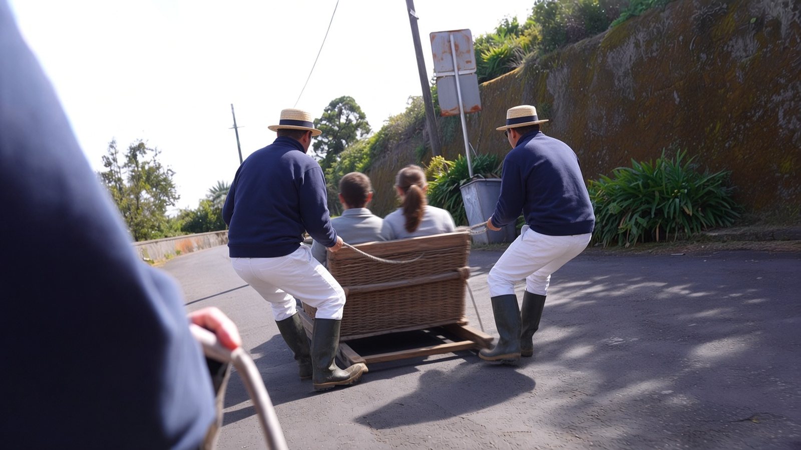 Two carreiros in navy fleeces and straw boaters steer a wicker Monte toboggan with two passengers down the road towards Funchal (AI-generated illustration)