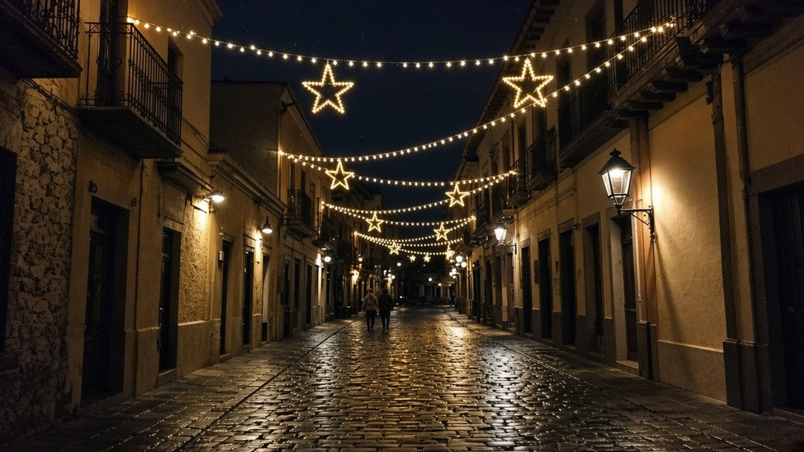 Strings of warm lights and glowing stars over a wet cobbled street in Funchal's old town at night
