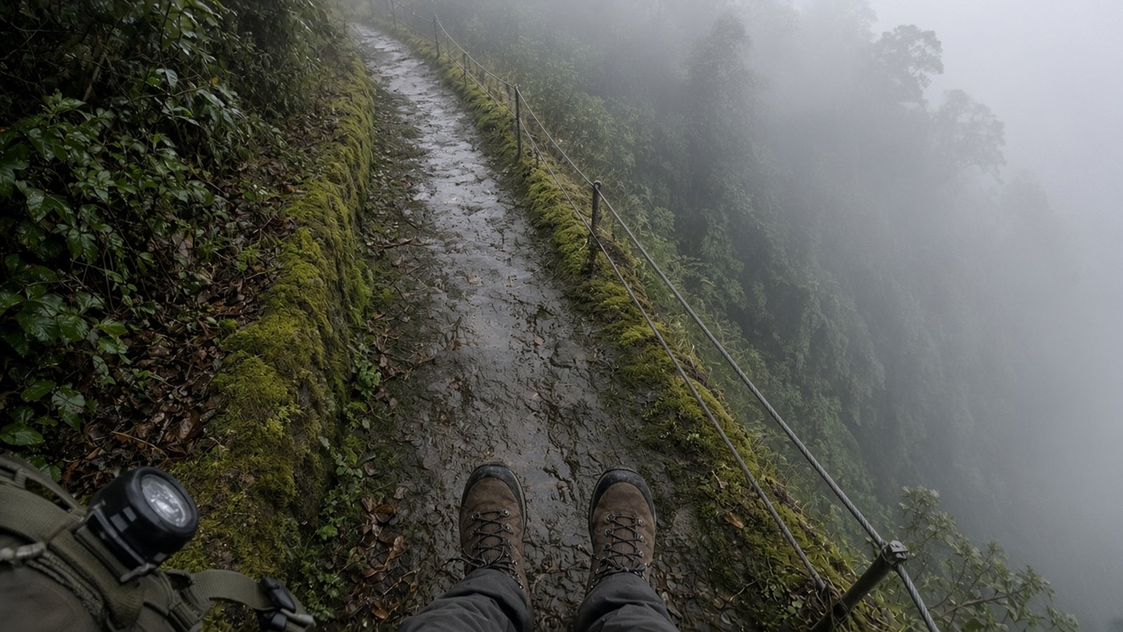 Looking down at hiking boots on a wet, narrow levada path with a cable railing above a misty drop