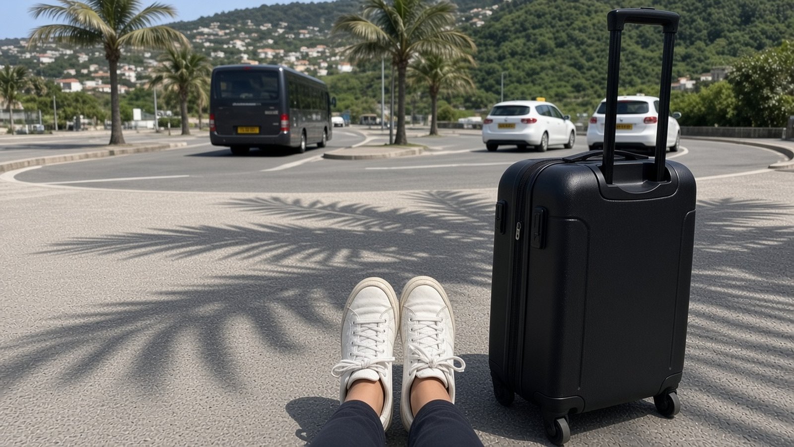 A traveller's sneakers next to a black suitcase on a sunny pavement, with a bus and taxis beyond