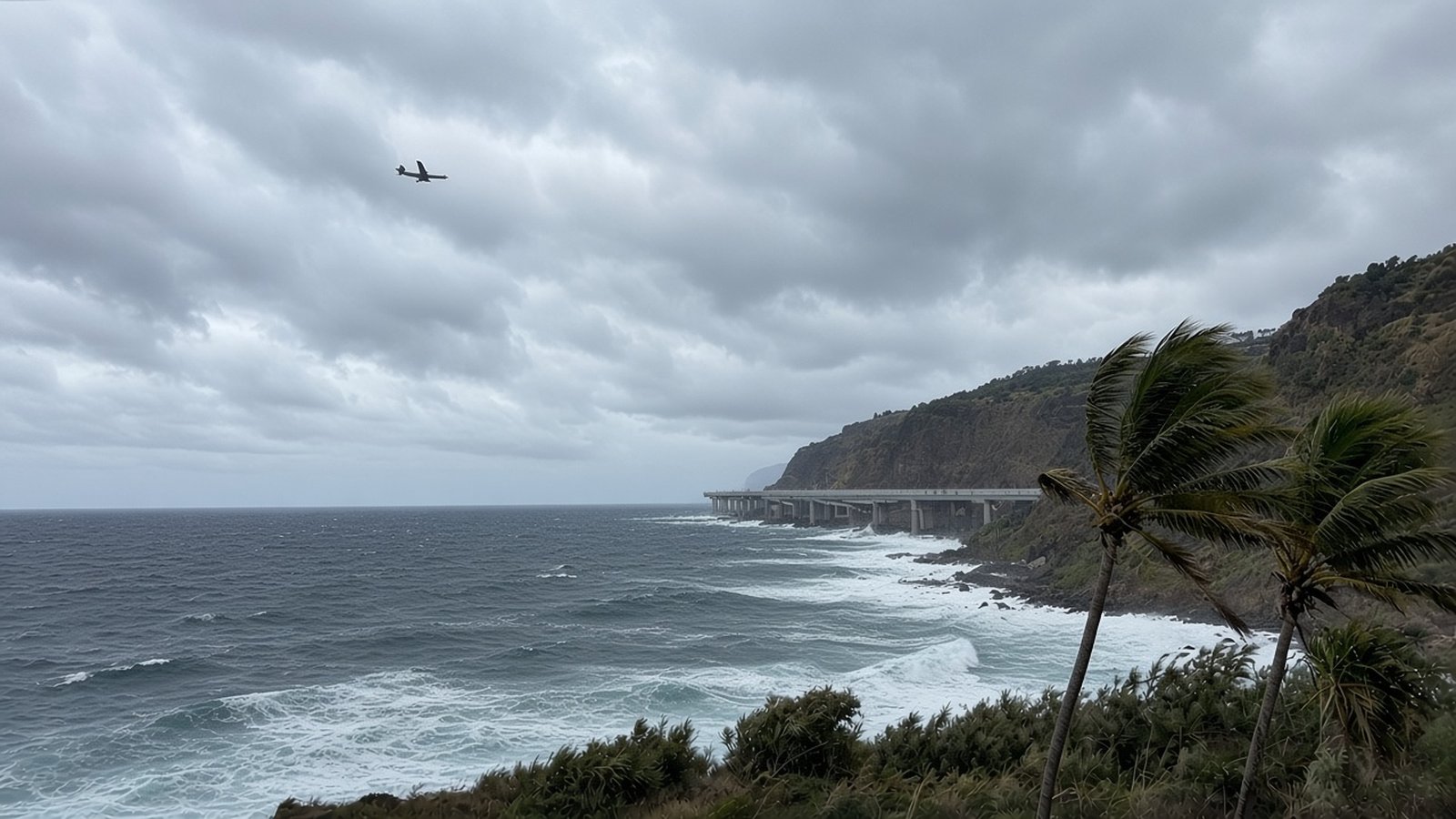 Palm trees bend in strong wind above a rough sea while a plane circles over the coastal runway