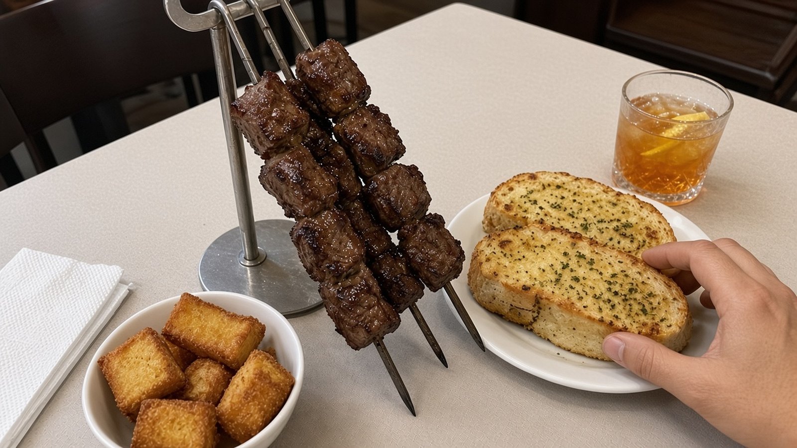 Beef espetada skewers on a stand with garlic bolo do caco, fried milho cubes and a glass of poncha