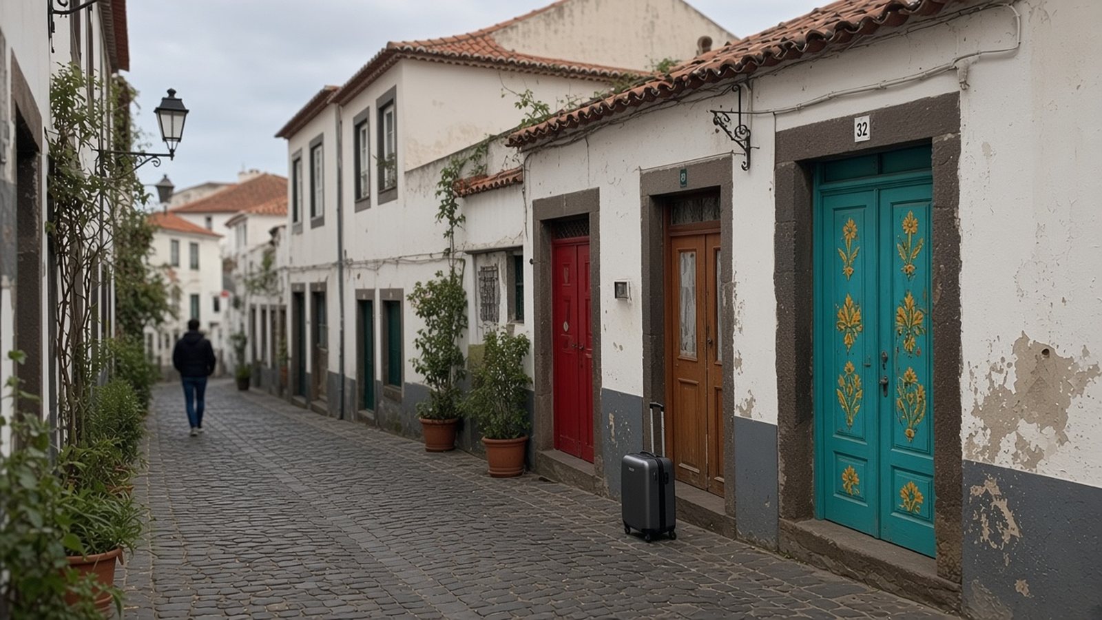 A cobalt purse, coins and a small house sit above a bay of terraced hills on a cream tile