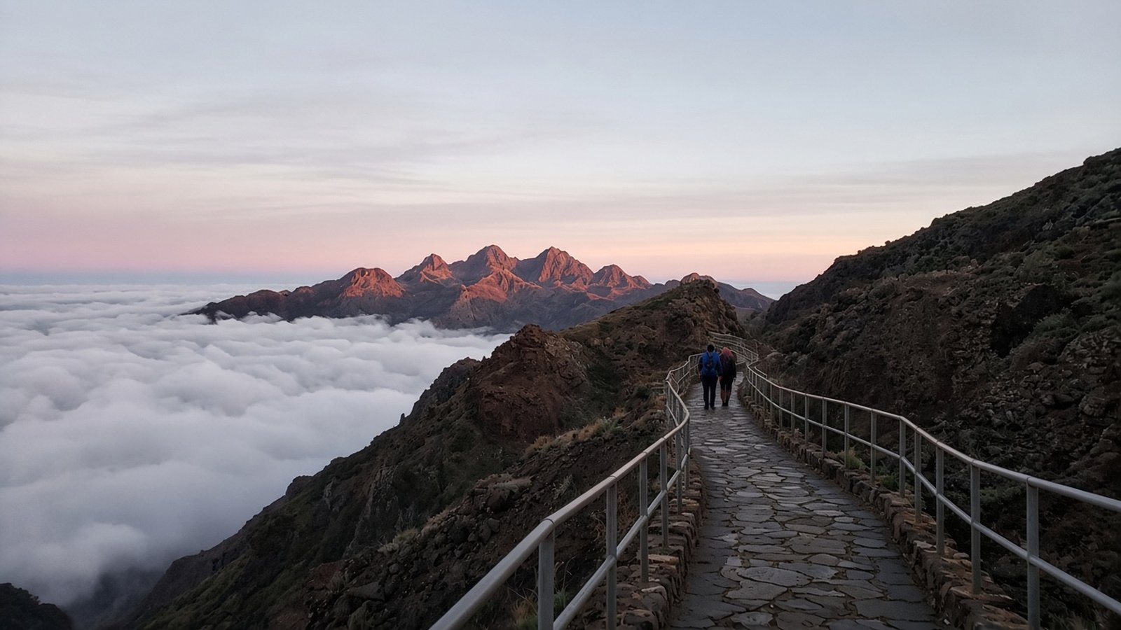 Two hikers on a railed stone path along a volcanic ridge at dawn above a sea of clouds