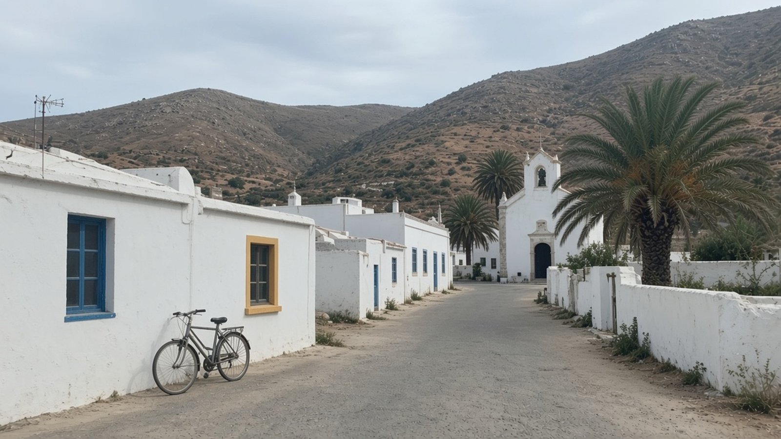A quiet street of low whitewashed houses and a small church below dry hills on Porto Santo