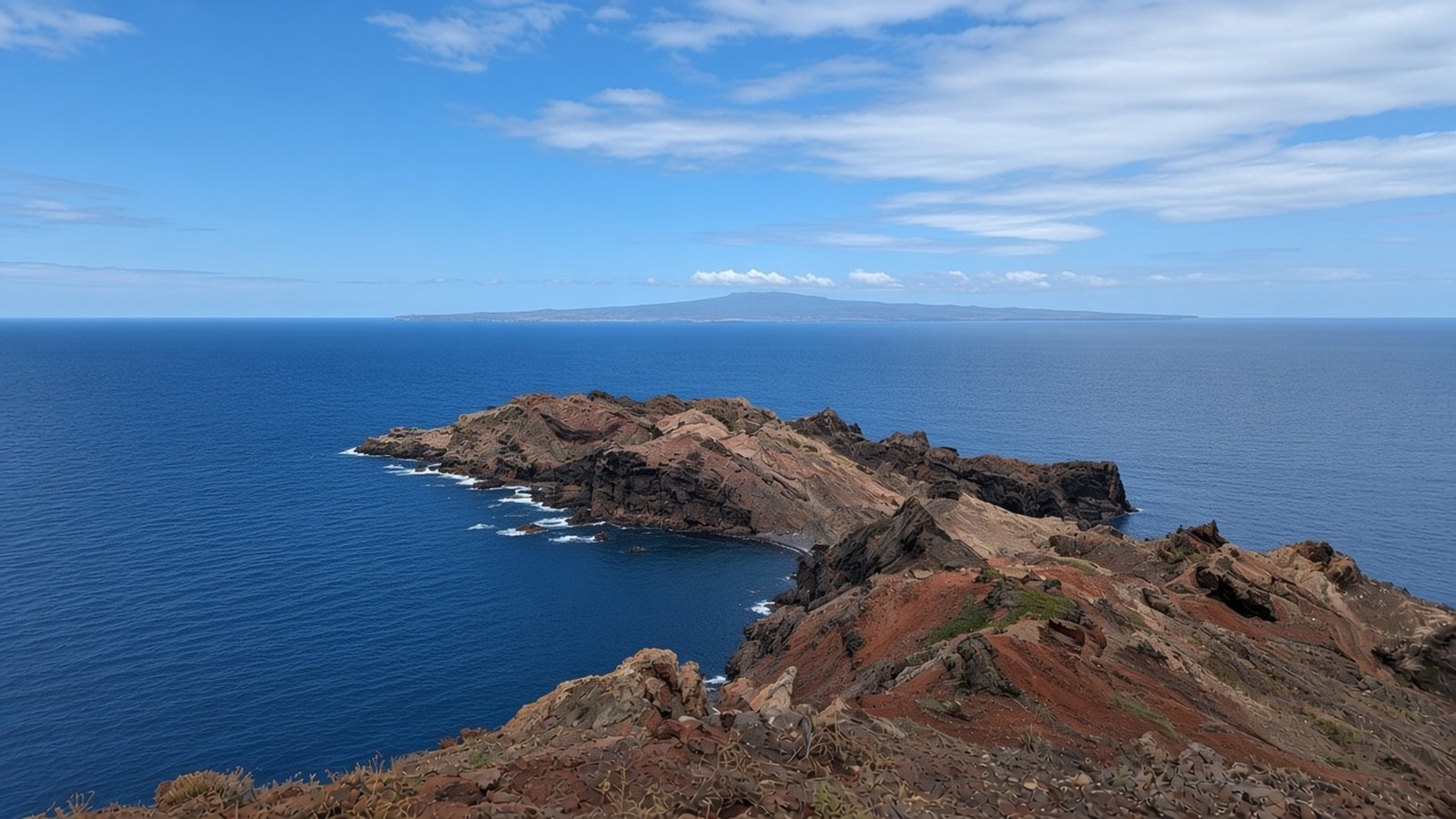 Madeira's red volcanic headland in front, with the low outline of Porto Santo on the horizon