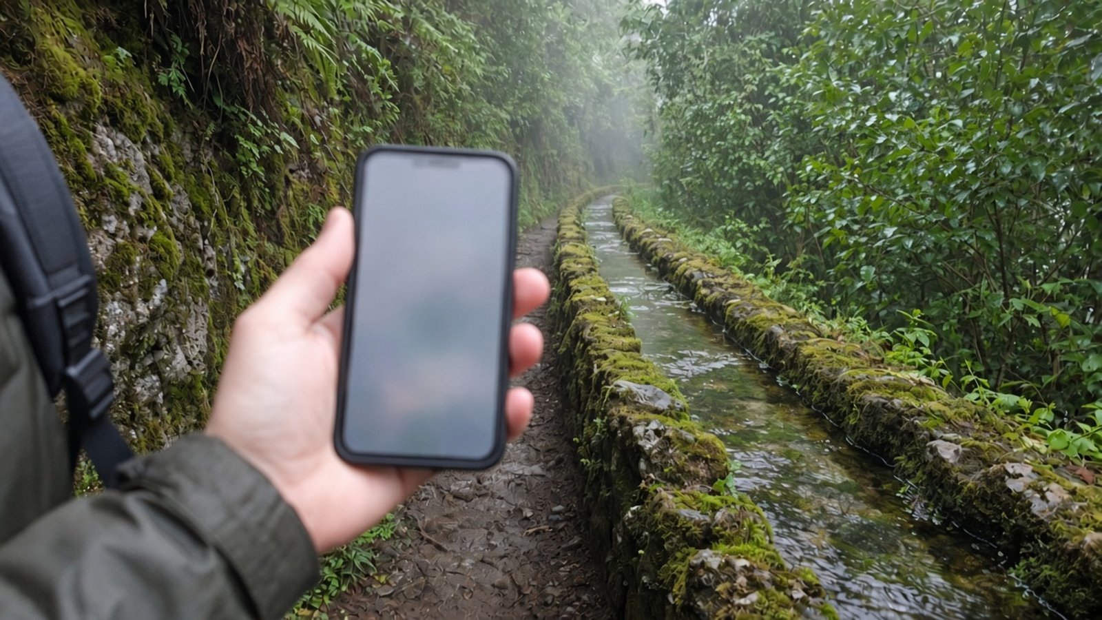 A hiker holds a phone on a misty levada path in Madeira's laurel forest