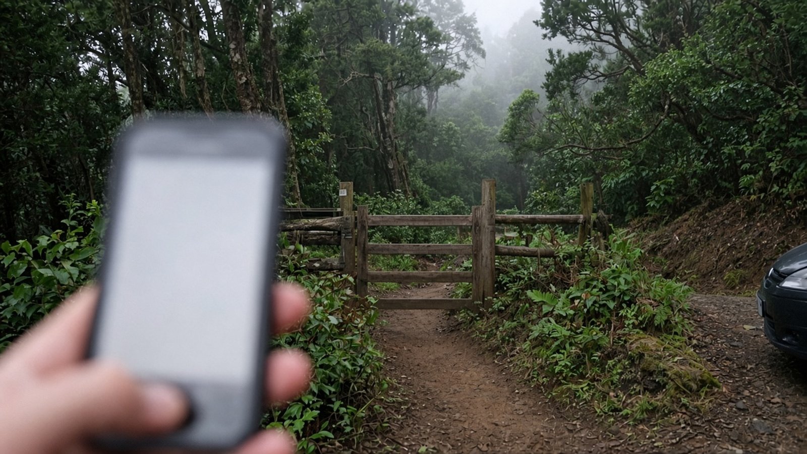 A hand holds a phone in front of a wooden trail gate leading into misty laurel forest