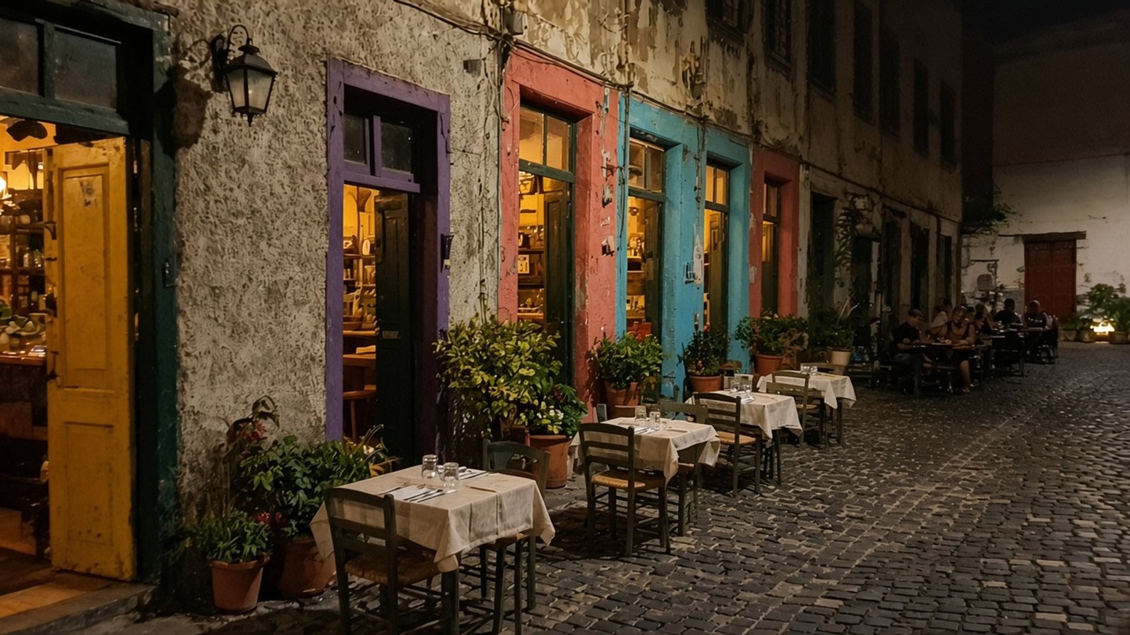 Outdoor restaurant tables on a cobbled old-town street in Funchal, lit by warm light from open doors